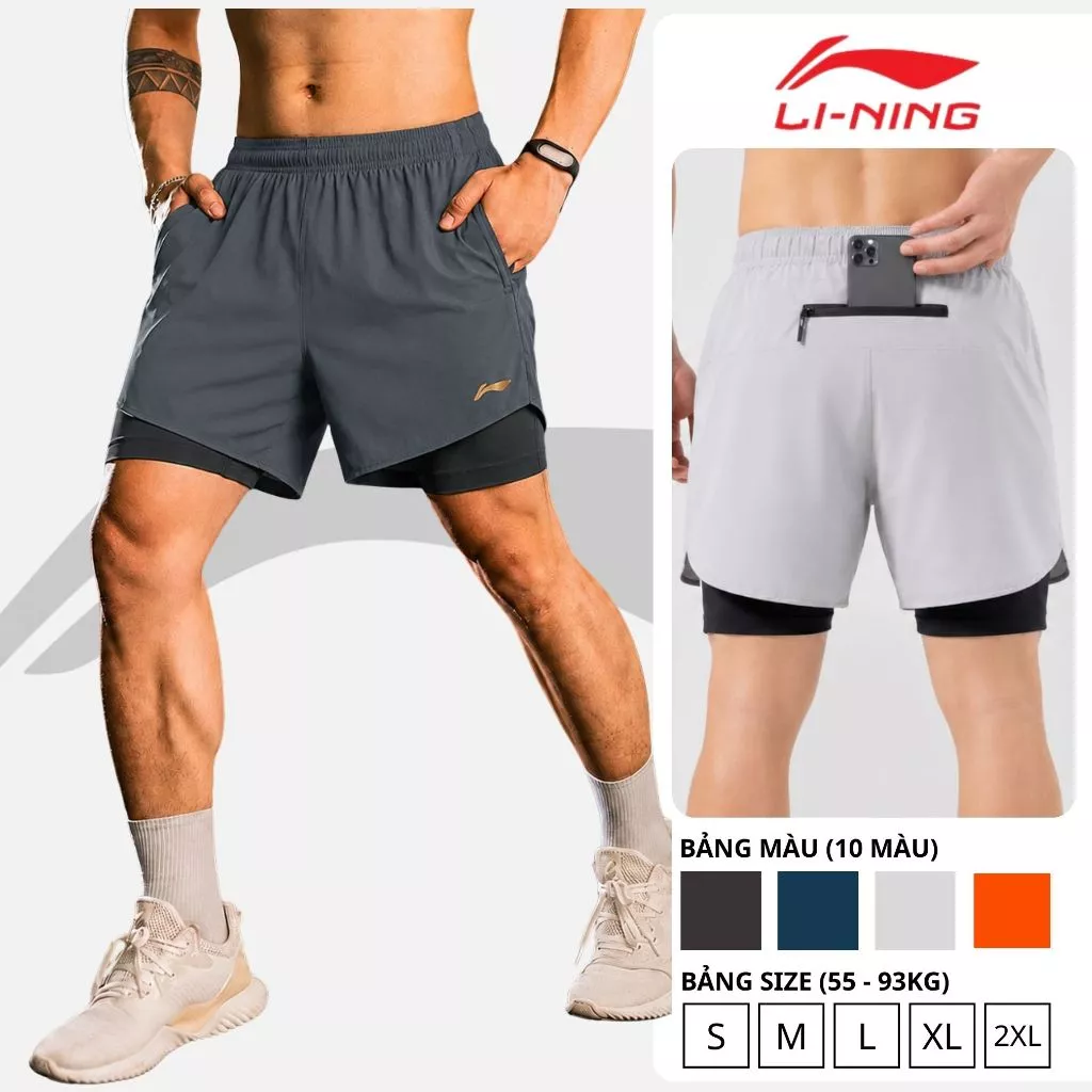 Quần đùi nam Li-Ning 2 LỚP, Quần short nam thể thao vải gió mềm mát, quần chạy bộ, cầu lông, tập gym
