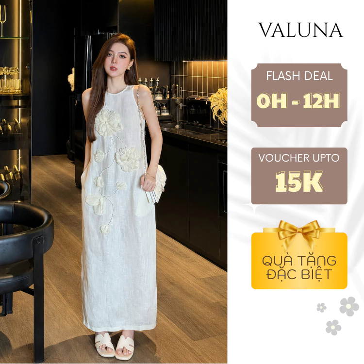 Váy Nữ Cổ Yếm Hoa Nổi 3D Form Suông Dài Sang Trọng Dự Tiệc Du Lịch VALUNA STORE 2670