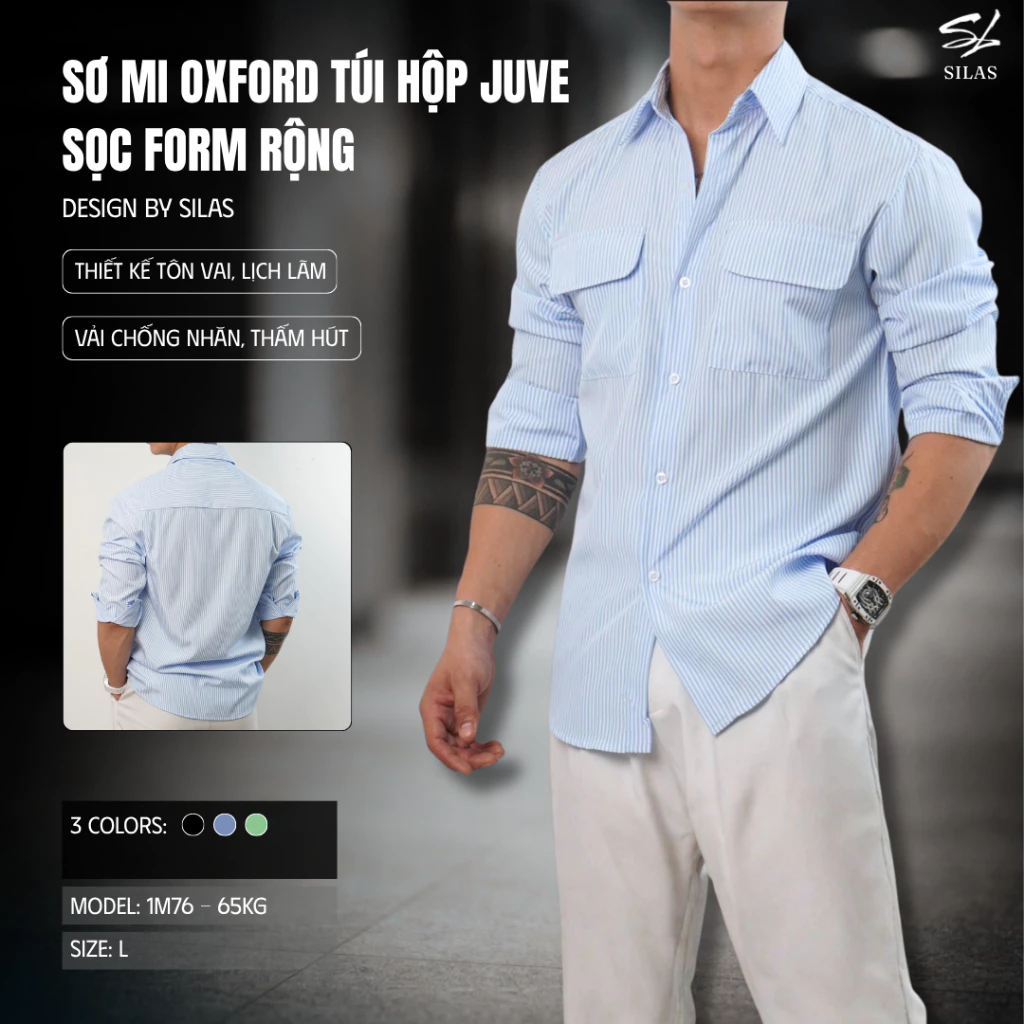 Áo Sơmi Oxford Nam túi hộp SILAS Juve Cotton Chéo Tay Dài Sọc  Form Rộng Tôn Vai Menswear - ASLC06