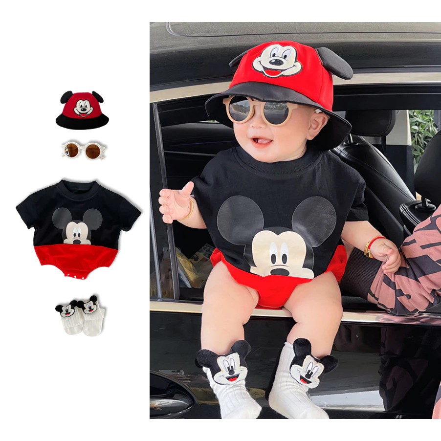 Sơ sinh Mùa hè áo ngắn Bodysuit bông Phim hoạt hình đen và đỏ Chuột kiểu Hàn Quốc Jumpsuit 0-24M