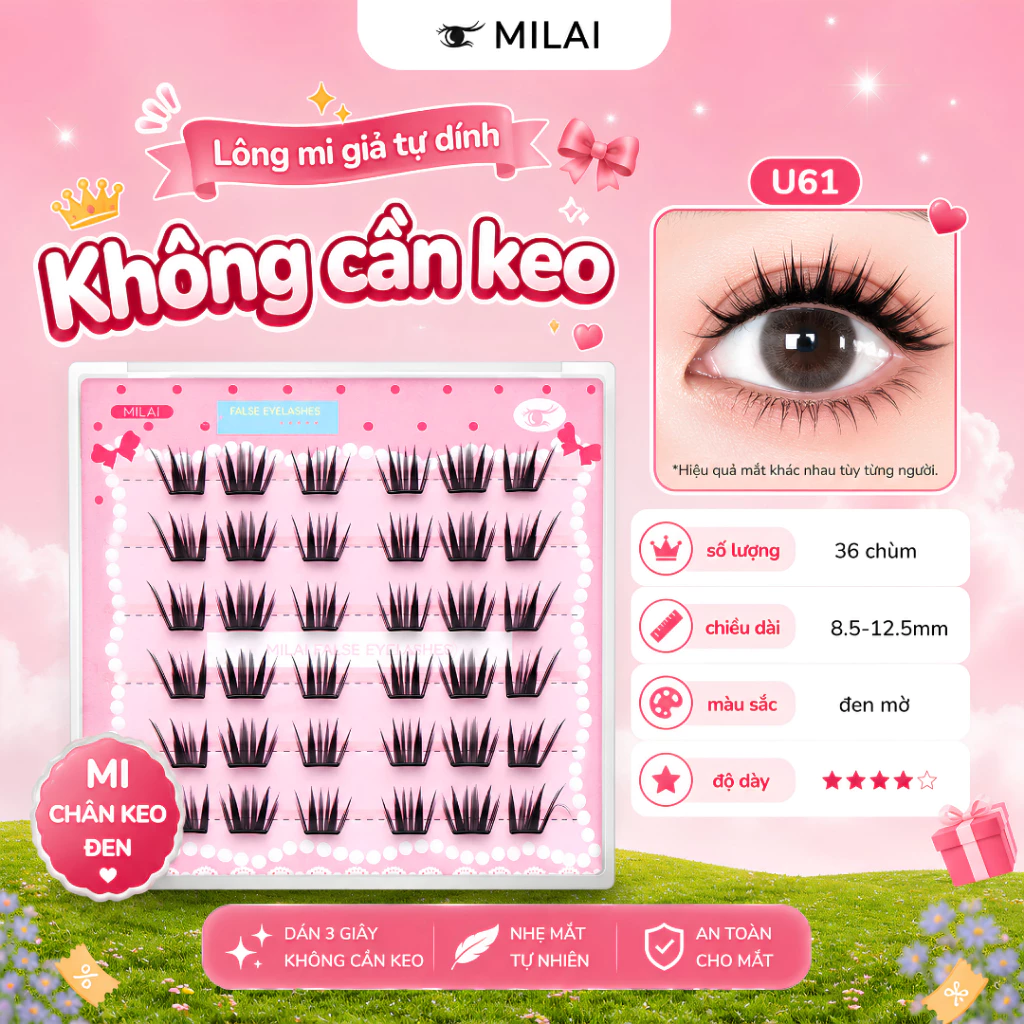 Mi giả sẵn keo MILAI mã U61, cong nhẹ tinh tế, tự nhiên, không quá sắc nét nhưng vẫn có điểm nhấn