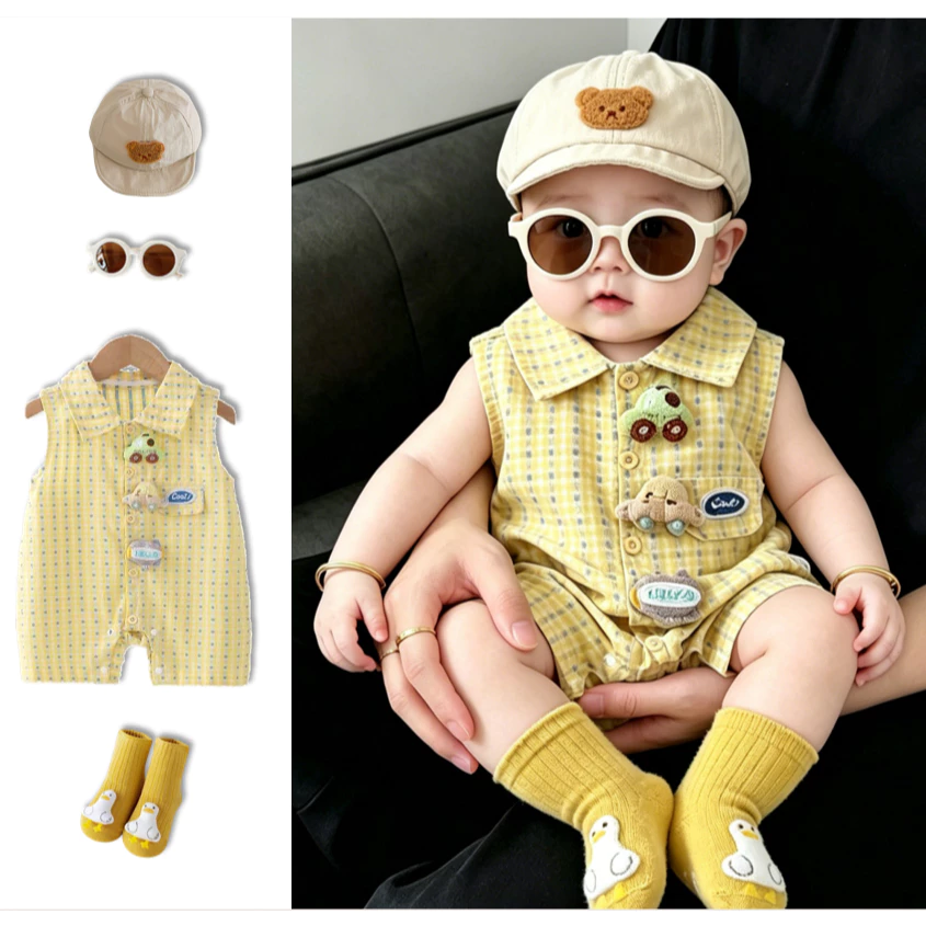 Mùa hè mới sinh không tay áo Bodysuit siêu dễ thương bông màu vàng mô hình xe hơi kiểu Hàn Quốc Jumpsuit 0-24M