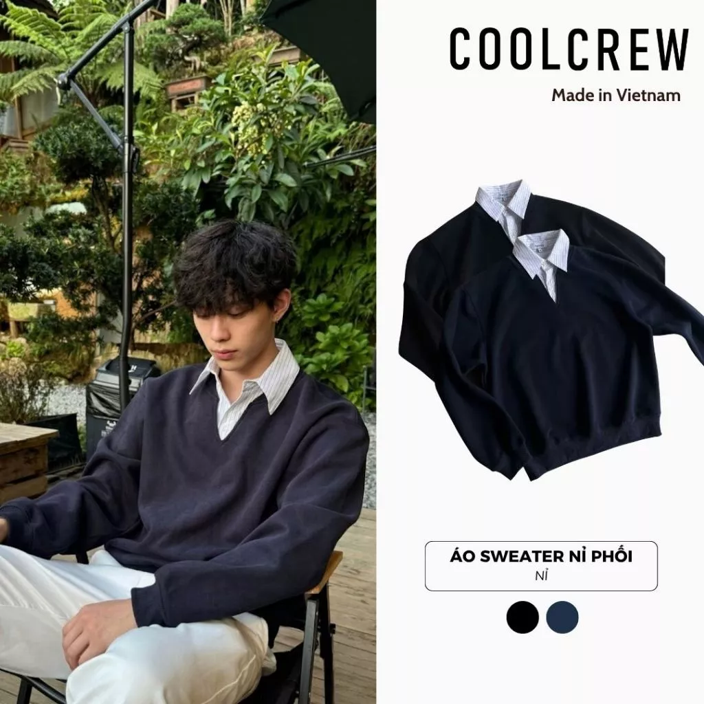 Áo Sweater Nỉ Phối Cổ Sơ Mi 𝐂𝐎𝐎𝐋𝐂𝐑𝐄𝐖 Unisex Nam Nữ Form Rộng Phong Cách Thời Trang Hàn Quốc ASW072