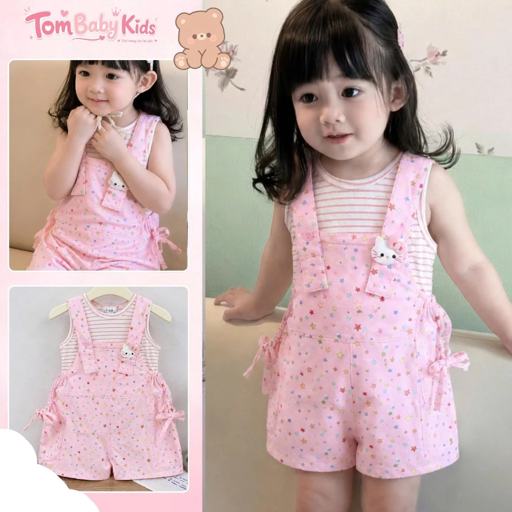 Set áo yếm hồng bé gái, set bộ Yếm Sao kèm áo phông Kẻ siêu xinh thấm hút mồ hôi cho bé 8-28kg Tom Baby Kids  (B-088-HN)