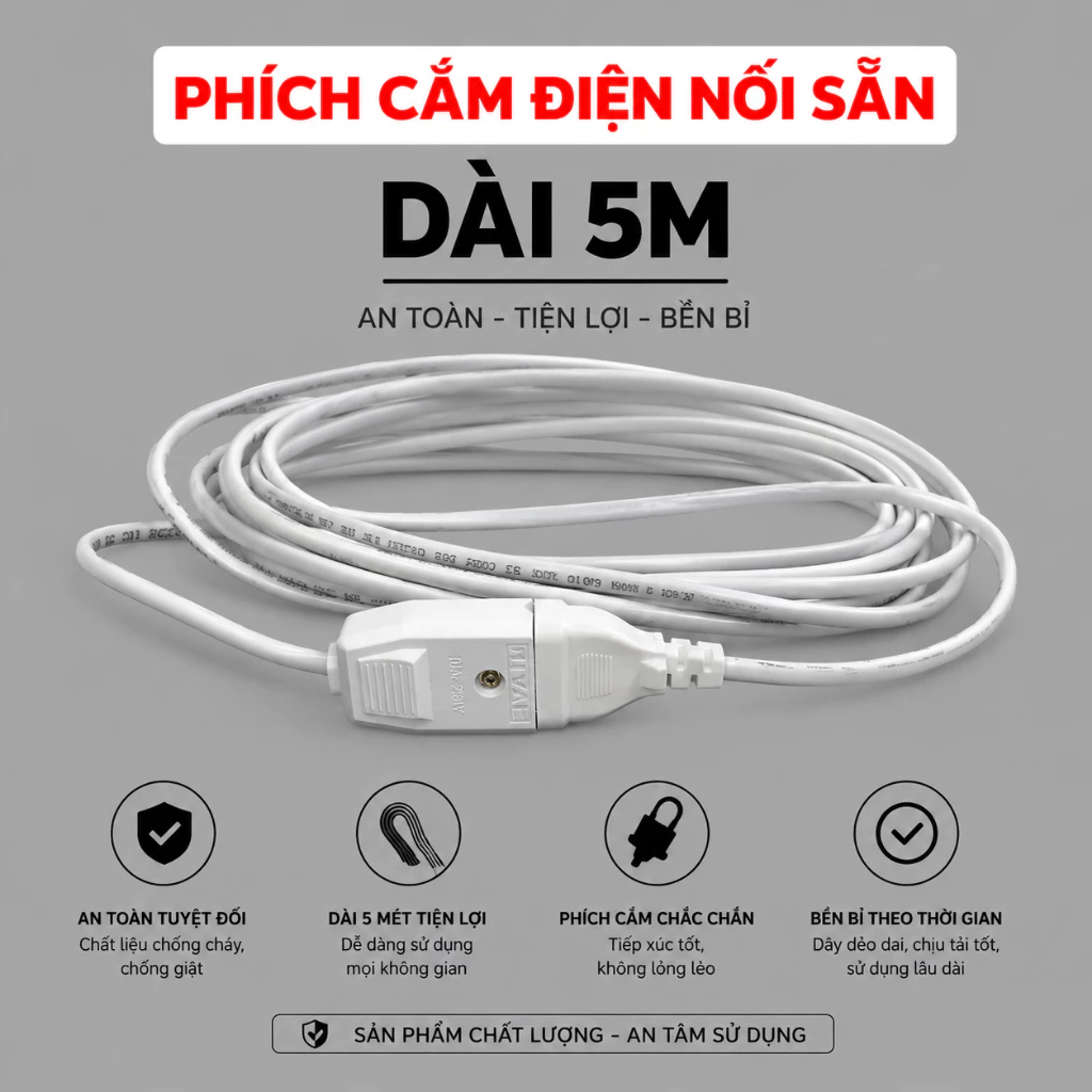 Dây nối dài 5m,có sẵn phích cắm chui dẹp/chui tròn tiện lợi dành cho camera