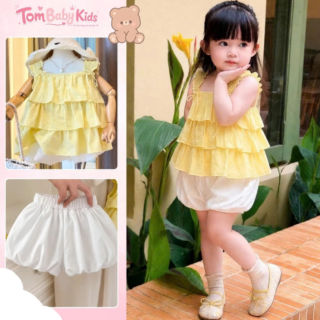 Set đồ bé gái, bộ Đũi tone Vàng 2 dây phối quần Bí Trắng, siêu phẩm mùa hè cho các bé 8-28kg Tom Baby Kids (B-114-HN)