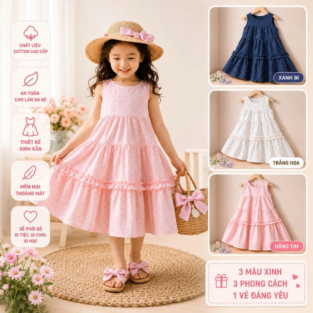 Váy Cho Bé Gái 12 Tuổi Đi Học Đi Chơi - Chất Cotton Thoáng Mát - Thời Trang Trẻ Em MOONBE - Đầm Bé Gái Xòe Phối Bèo