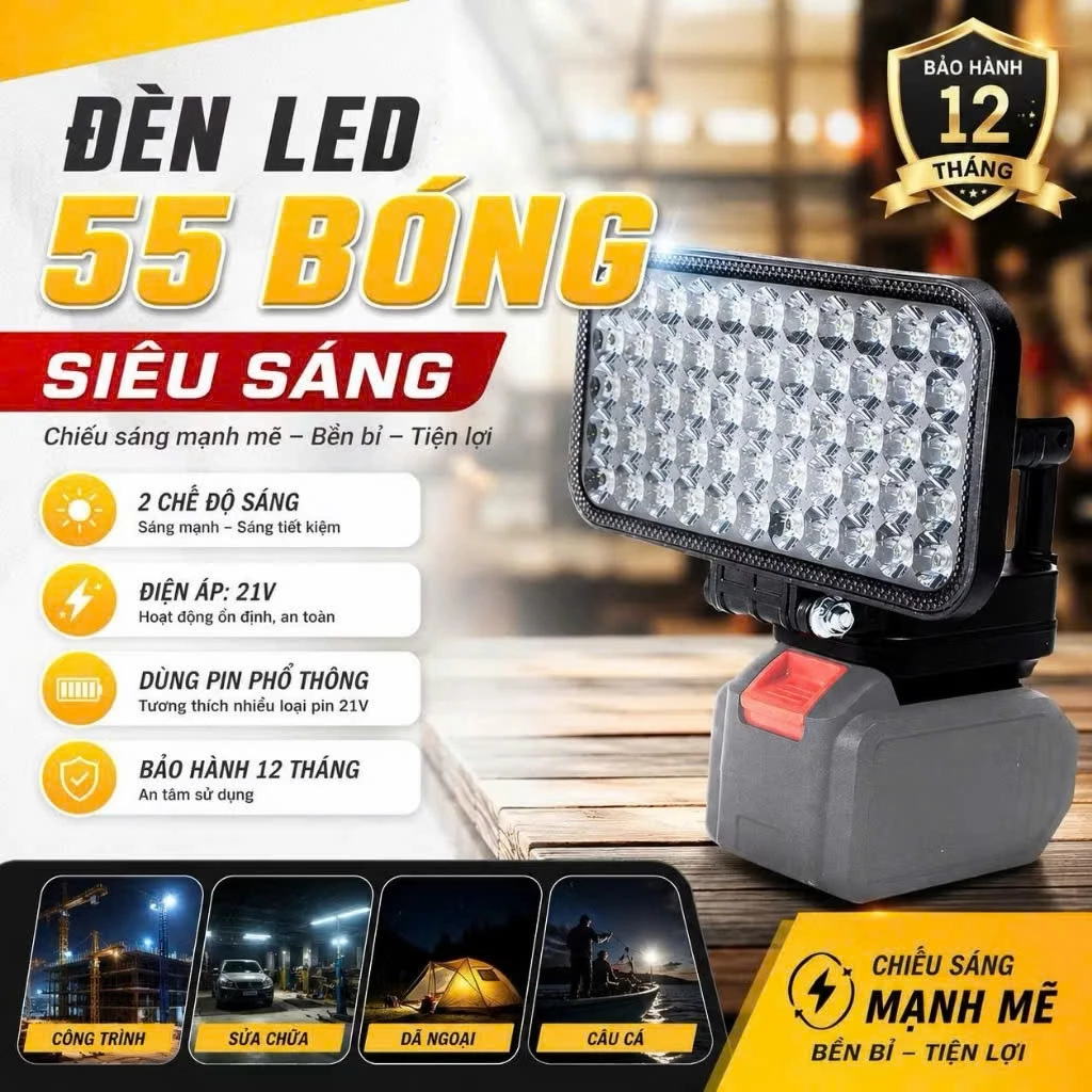 Đèn LED Gắn Pin phổ thông Siêu Sáng 55 Bóng Có Cổng USB Tay Cầm Tiện Lợi Thời Gian Chiếu Sáng Lên Đến 8 Giờ