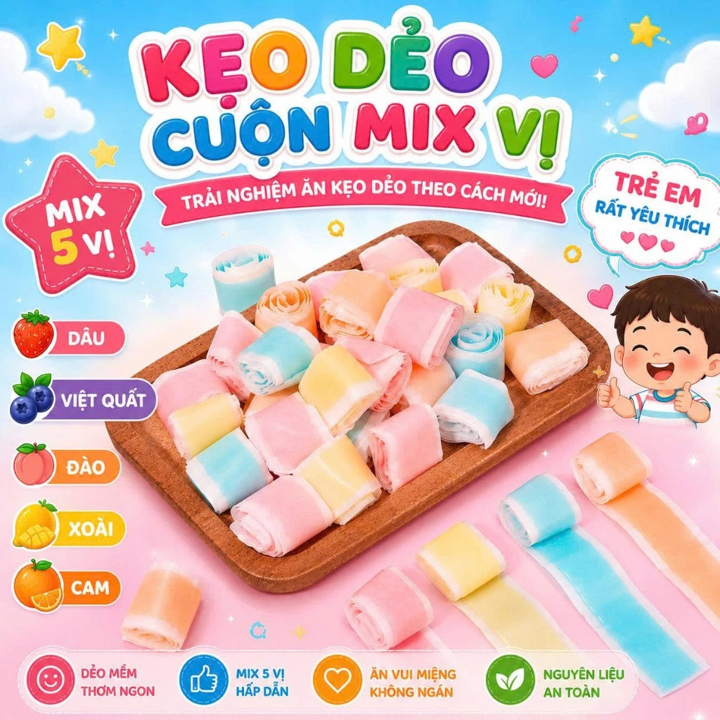 Kẹo Dẻo Cuộn Mix Vị Siêu Hot - Dâu, Việt Quất, Đào, Xoài, Cam - Dẻo Mềm Thơm Ngon-Kẹo Ăn Vặt Cho Bé