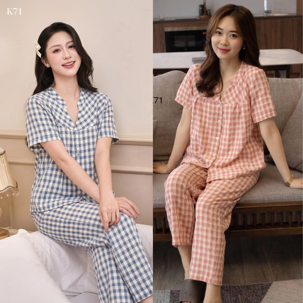 Bộ Pijama Nữ Suna Cổ V,  Kẻ Caro Tay Cộc, Quần Dáng Dài Chất Cotton Thô Nhật Clothing