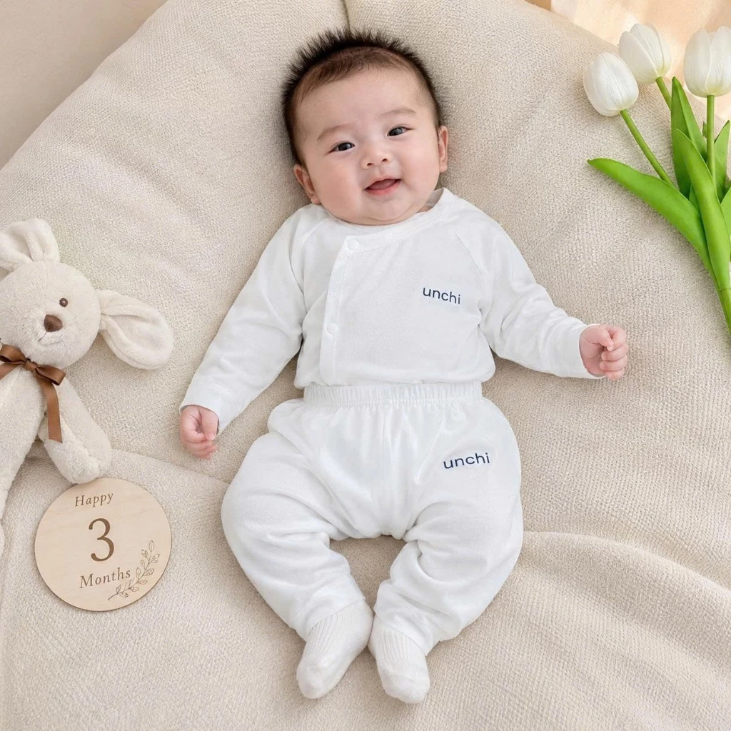 UC2. Bộ Sơ Sinh Dài Tay Unchi Vạt Áo 2 Lớp Kín Bụng, Chất Vải Petit Mềm Mịn Mỏng Mát Cho Bé 3-8kg