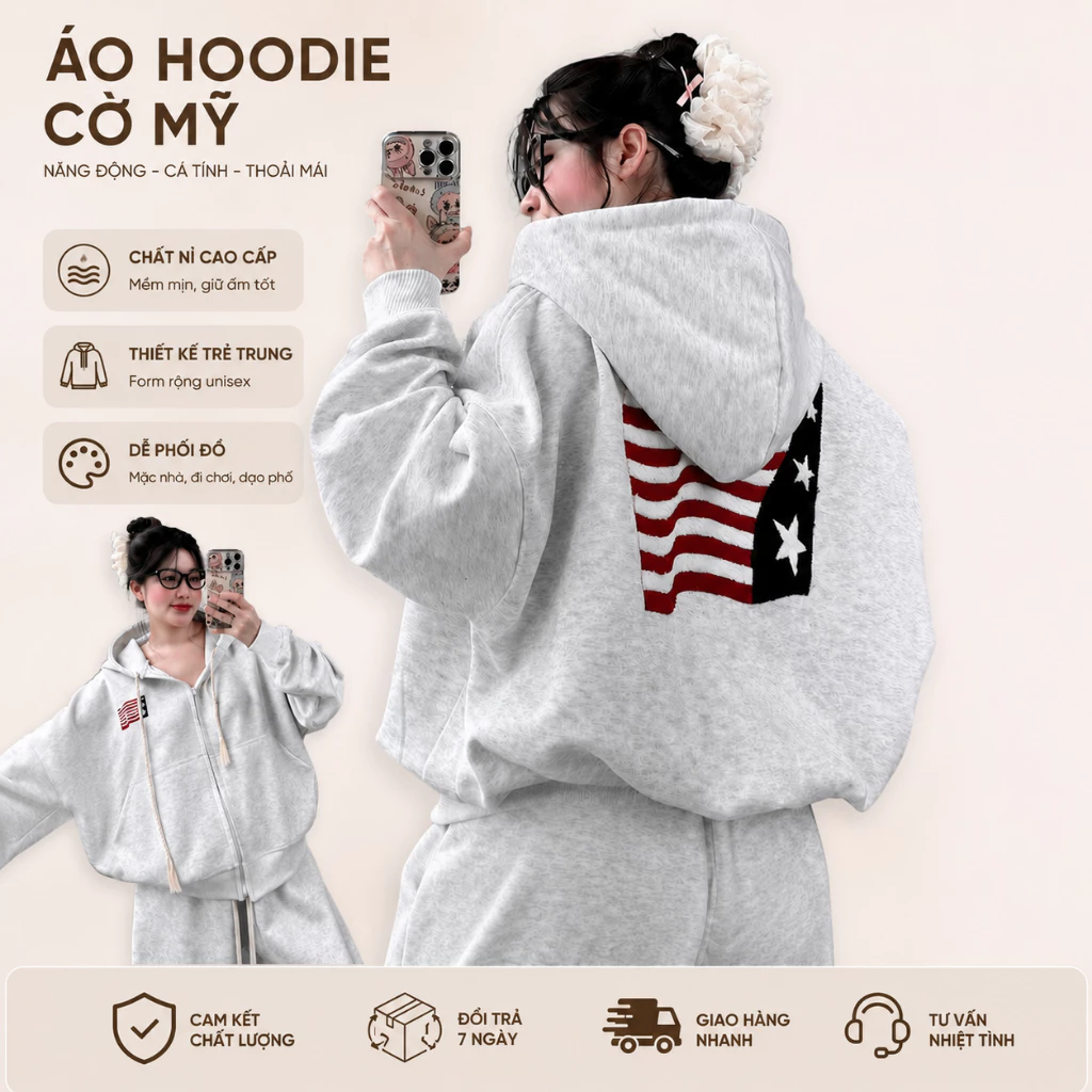 Áo Khoác Nữ Logo May Thêu Cờ Form Rộng Dài Áo Khoác Nỉ Nữ Chất Vải Nỉ Dày Đẹp Logo Thêu Sắc Nét