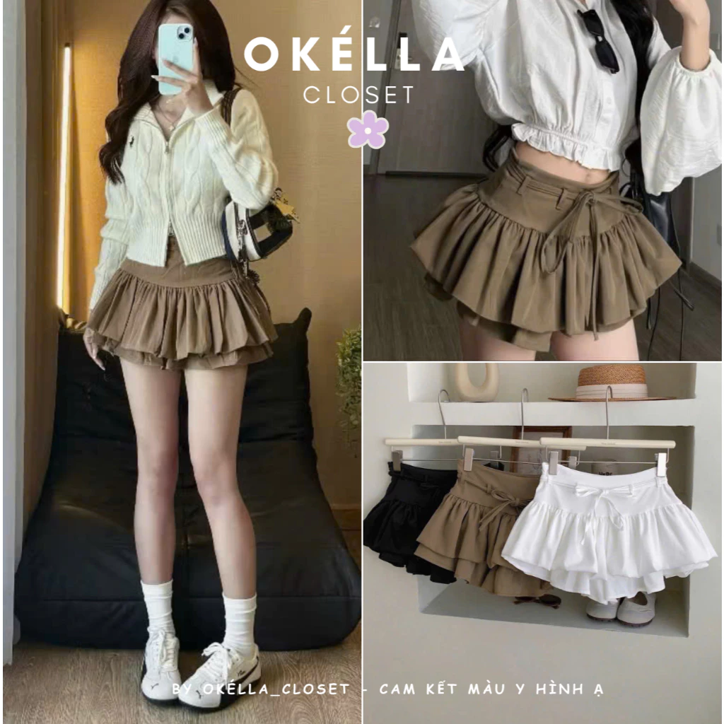 Chân Váy Xoè Tầng Xếp Ly Bí kèm dây, Chân Váy Ngắn Kaki SKIRT OKÉLLA (may kĩ, có bảo hộ)