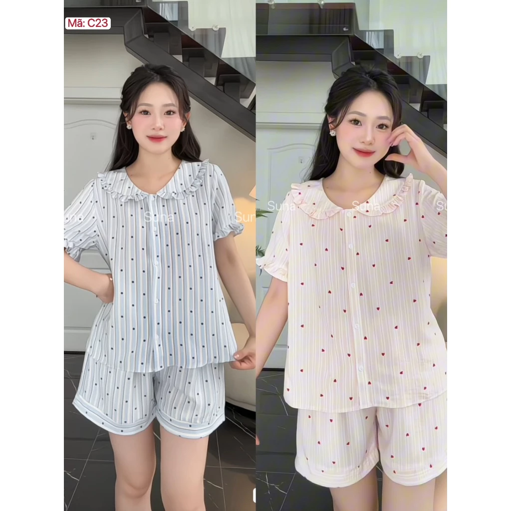 BỘ PIJAMA NỮ TAY CỘC QUẦN ĐÙI CỔ CÁNH SEN MẶC NHÀ CHẤT ĐŨI CAO CẤP C23