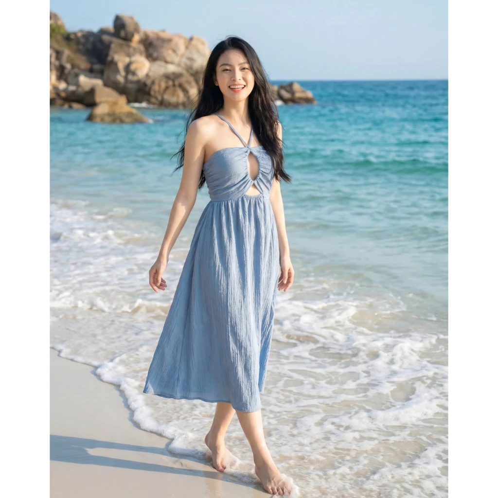 Đầm Midi Nữ Cổ Yếm Đan Dây Váy Xẻ Tà  Màu Xanh Biển