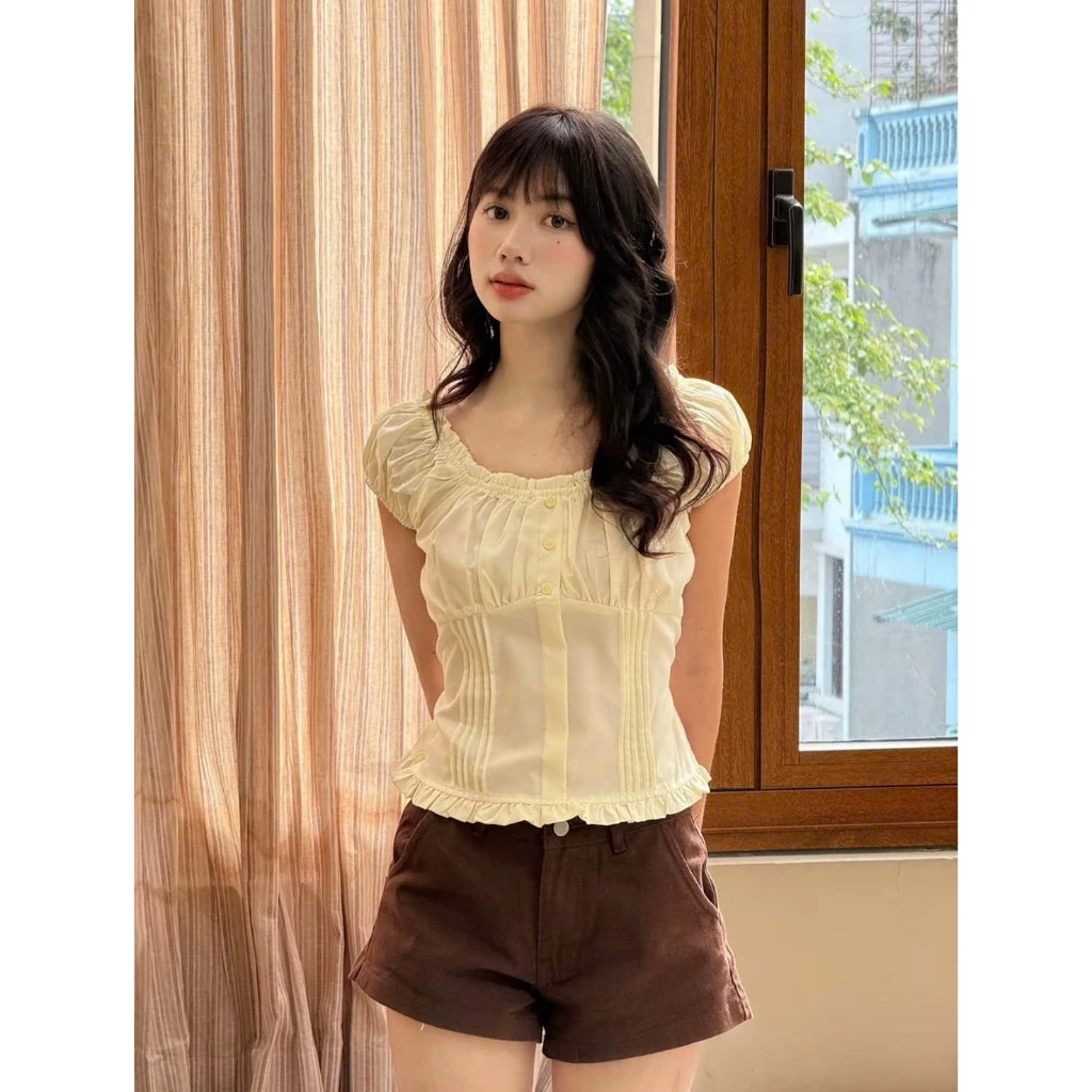 Áo Kiểu Nữ Cổ Vuông Tay Bồng Nhún Ngực Đính Cúc, Áo Babydoll Form Ôm Eo Bèo Gấu Phong Cách Hàn Quốc Tiểu Thư