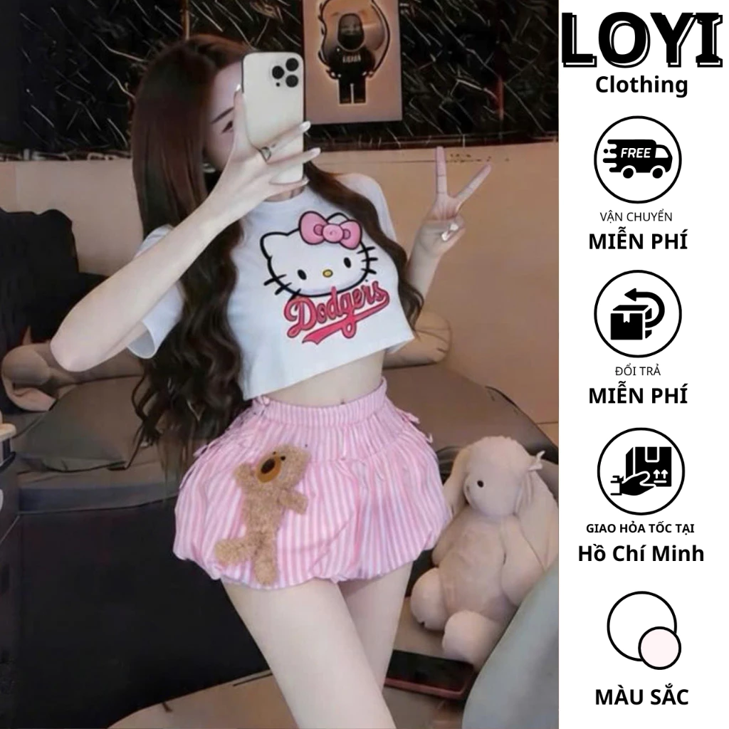 [Hỏa Tốc] Set Đồ Nữ Áo Croptop Hoạt Hình + Quần Đùi Dáng Bí TẶNG KÈM GẤU, Set Bộ Đồ Nữ Dễ Thương