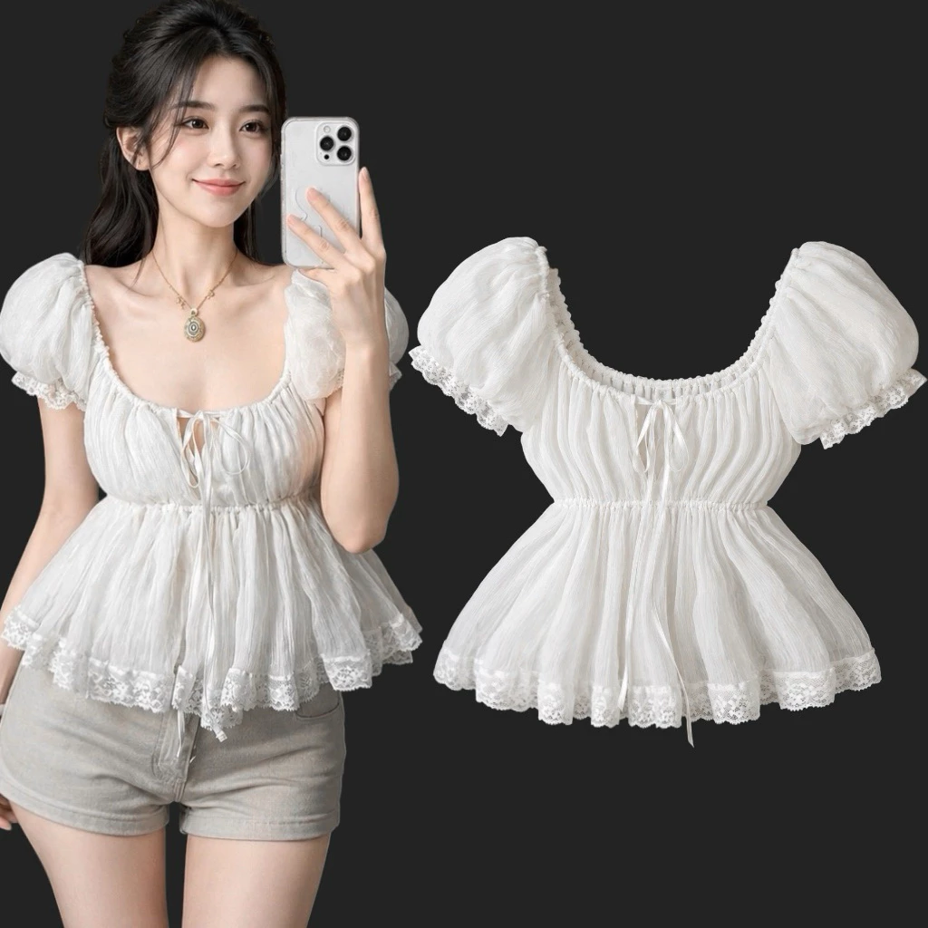 638 - Áo Croptop Babydoll Tay Bồng Xoè