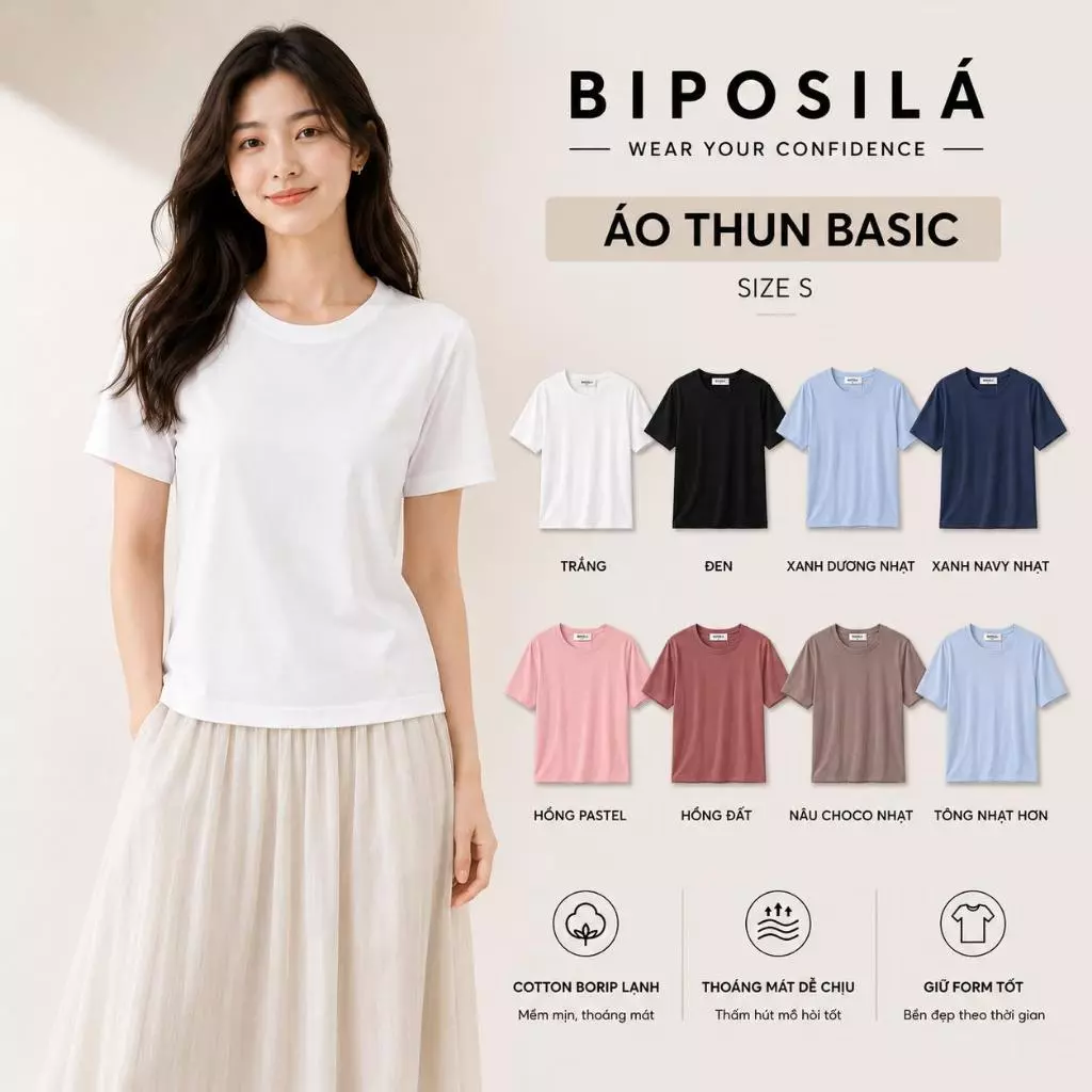 [A35 MỚI- VẢI RŨ, CỔ TRÒN] ÁO THUN NỮ CỔ TRÒN  BASIC BI.POSILÁ FORM SUÔNG VỪA | Cotton Borip Co Giãn 4 Chiều Mềm Mịn