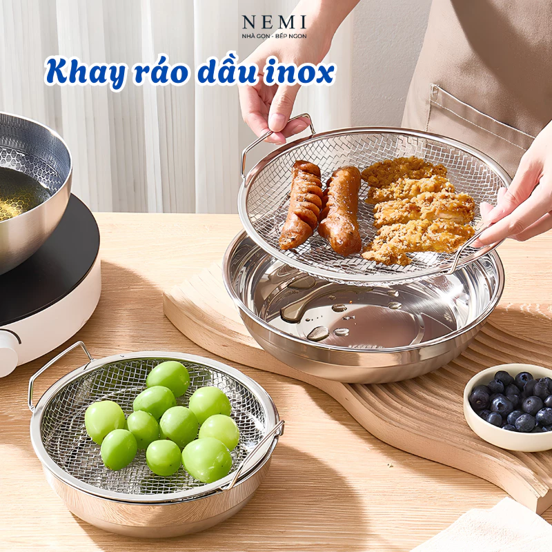 Set Khay Inox 304 Kèm Vỉ Lưới Lọc Dầu NEMI, Khay Đựng Thực Phẩm Chống Dính, Dễ Vệ Sinh, Bền Bỉ An Toàn Cho Nhà Bếp