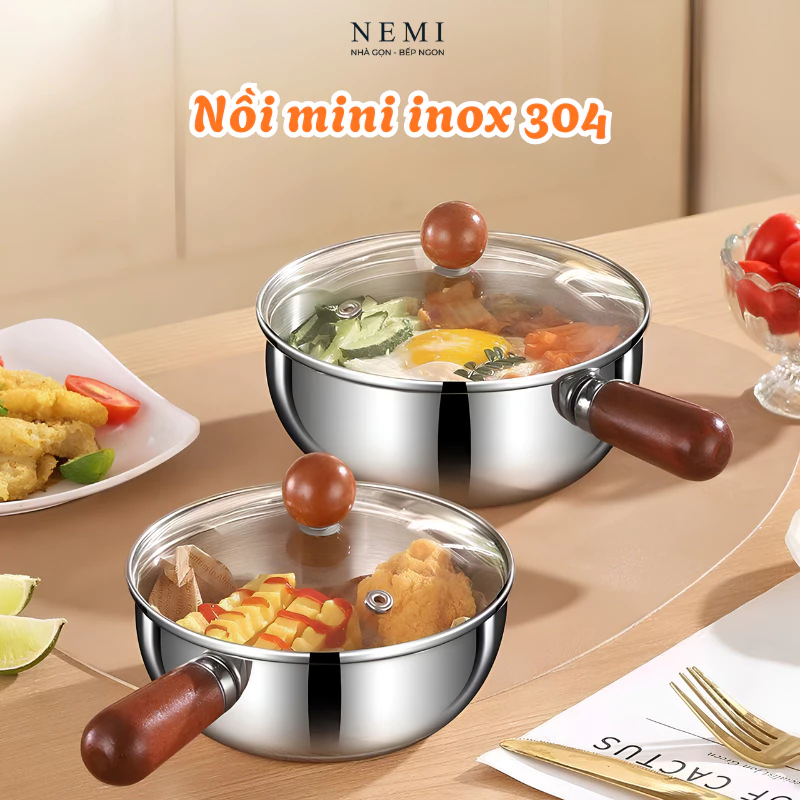 Nồi Mini Inox 304 NEMI 14cm, Quánh Inox Cán Gỗ Chống Bỏng, Nấu Mì, Luộc Trứng, Nấu Cháo, Hâm Sữa Tiện Lợi