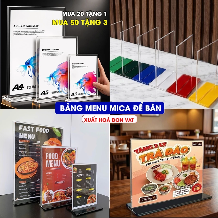 (Xuất hoá đơn VAT) Bảng menu mica A4, A5, A6, Bảng QR thanh toán, Bảng mica trong suốt - Mua 20 Tặng 1