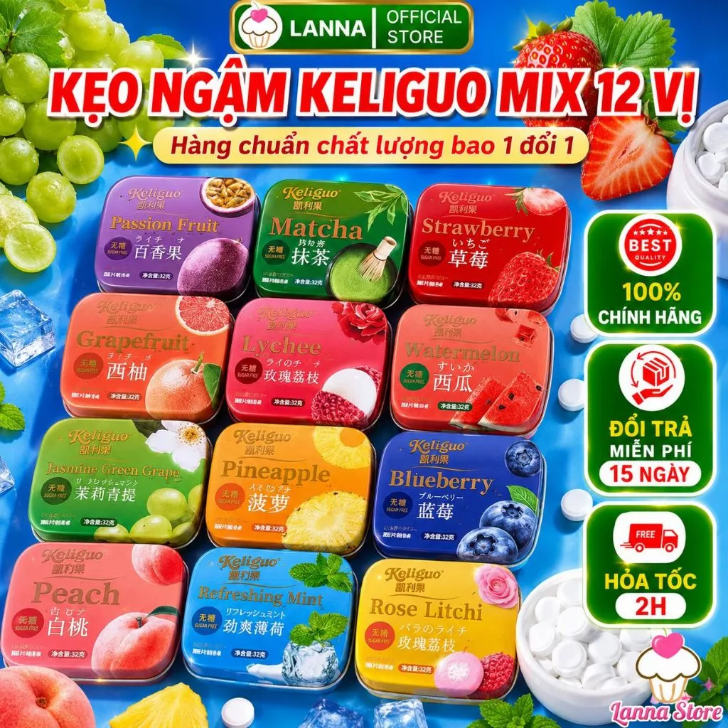 【Combo 3 Hộp】Kẹo Ngậm Bạc Hà Không Đường Hộp Thiếc – Kẹo Trái Cây 12 Vị Thơm Mát, Hơi Thở Thơm Lâu