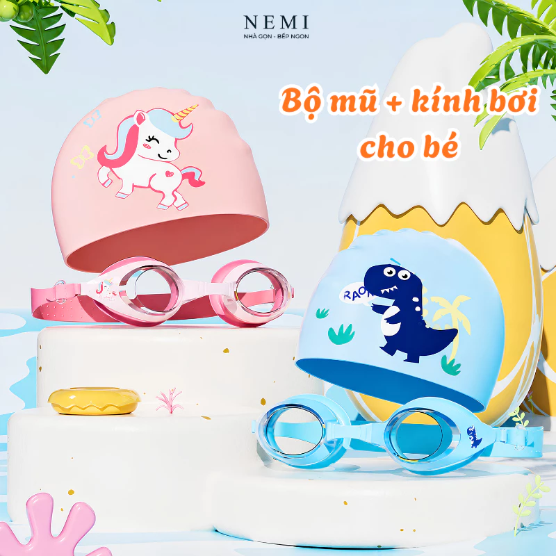 Kính bơi trẻ em kèm mũ NEMI chống nước, chống mờ dày 3 lớp, bộ kính bơi cho bé gái bé trai cao cấp