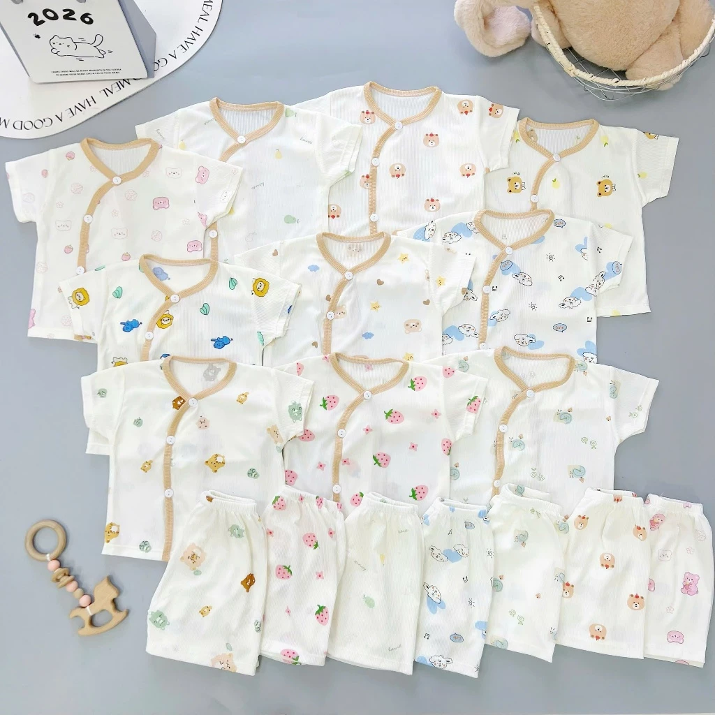 Bộ Quần Áo Cộc Tay Cho Bé Boonhouse Chất Tăm Lạnh Cúc Chéo Sơ Sinh Có Họa Tiết Đáng Yêu 3-9kg