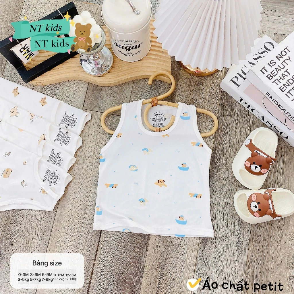 Áo Ba Lỗ Cho Bé Boonhouse Chất Peptit Sát Nách Nền Trắng In Họa Tiết Xinh Size 3-13kg (Combo 5 Áo)