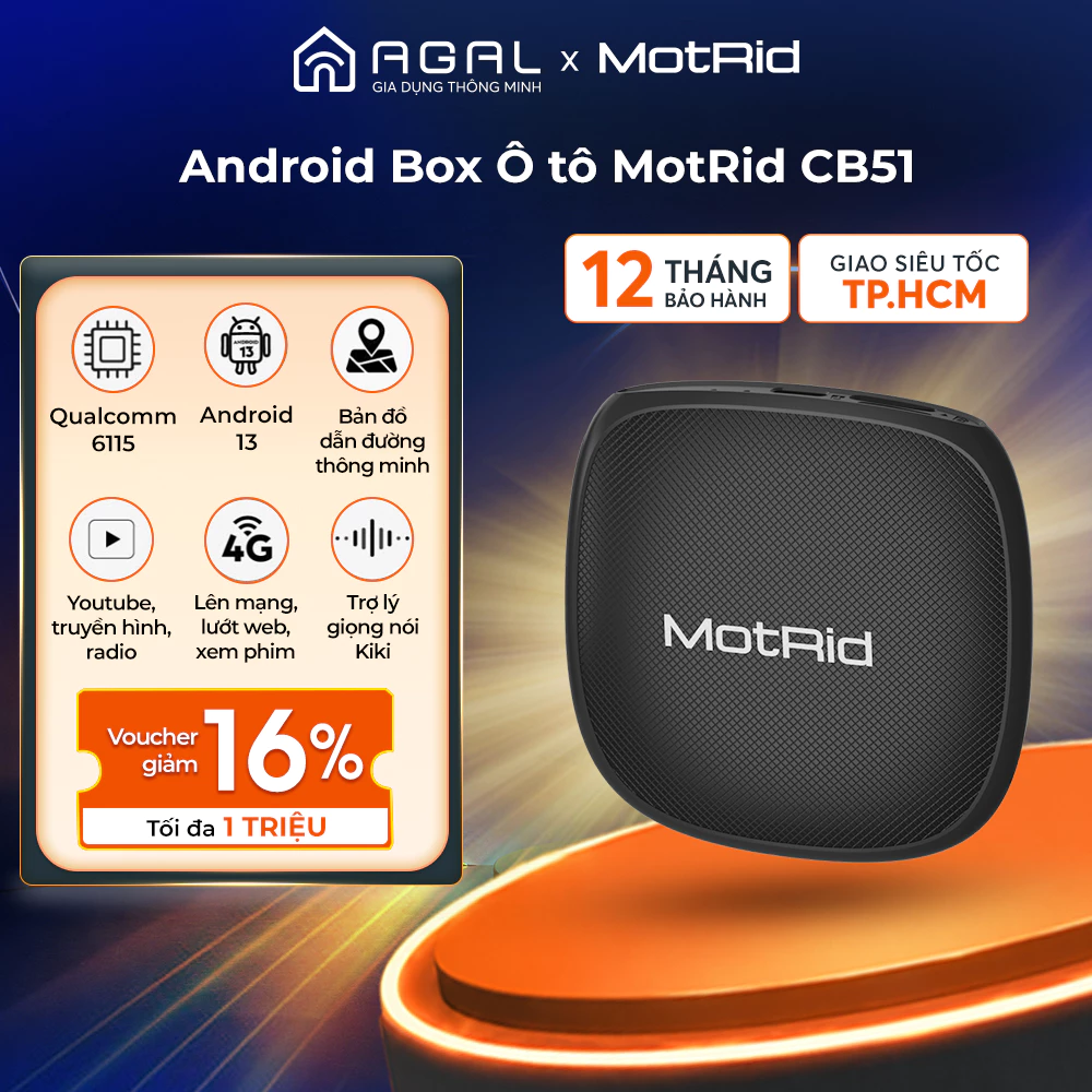 Android Box Ô tô MotRid CB51 Ram 4GB - Rom 64GB, Android 13, kết nối SIM 4G, WiFi, Bảo hành 12 tháng