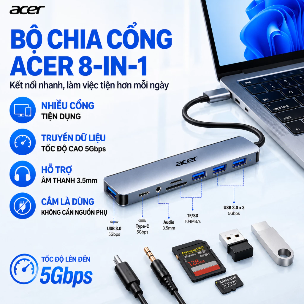 Dock 8 trong 1 Acer Type-C: Truyền tải tốc độ cao USB 3.0, đầu đọc thẻ SD/TF, tương thích với nhiều thiết bị.