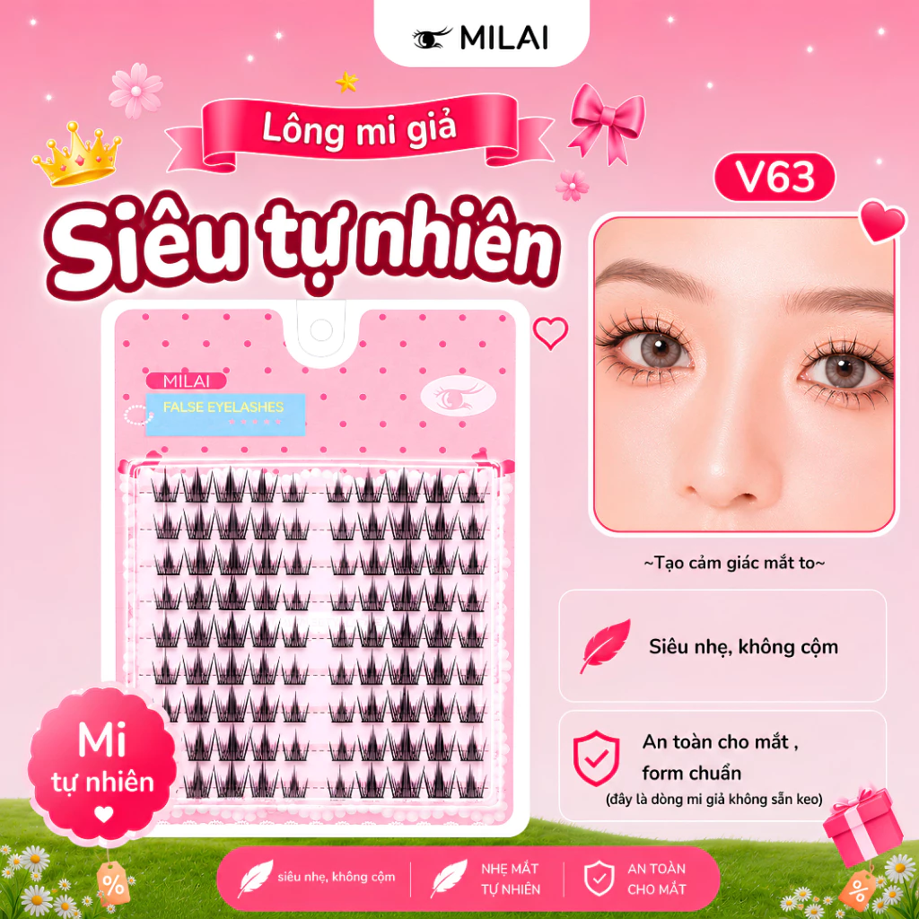 Mi giả không sẵn keo MILAI mã V63 mi khổng tước (cần dùng tuýp keo dán mi riêng khi sử dụng)