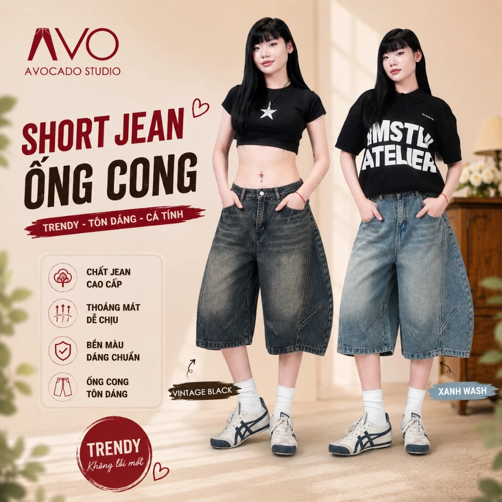 Quần Short Baggy Jean Nữ Nam ống Cong Avo avocado Unisex,vải Denim Cao Cấp, phong cách trẻ trung, năng động, toả sáng