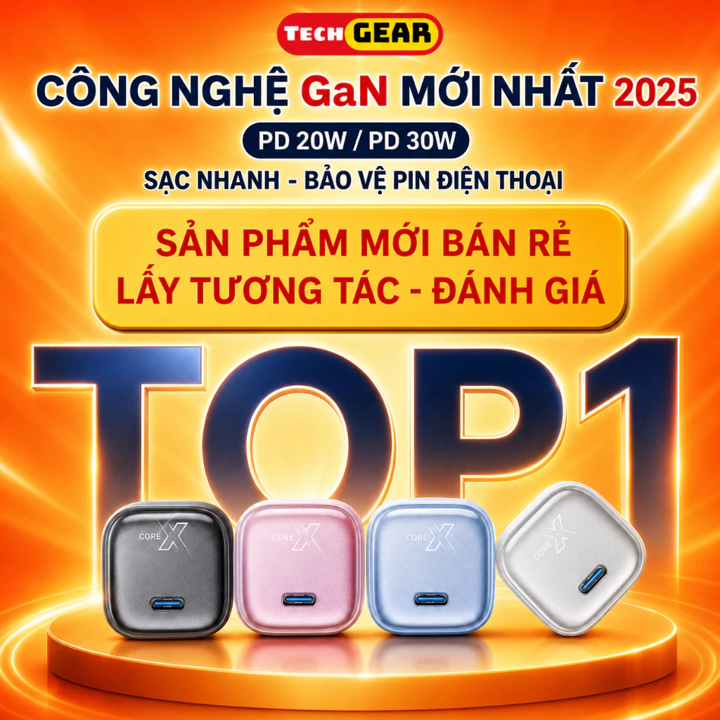 (Bộ sạc nhanh TECH GEAR) Củ sạc nhanh 30W - Dây sạc nhanh 1.5m, Công nghệ Gan-An toàn Ổn định-Bảo vệ thiết bị-BH 2 Năm