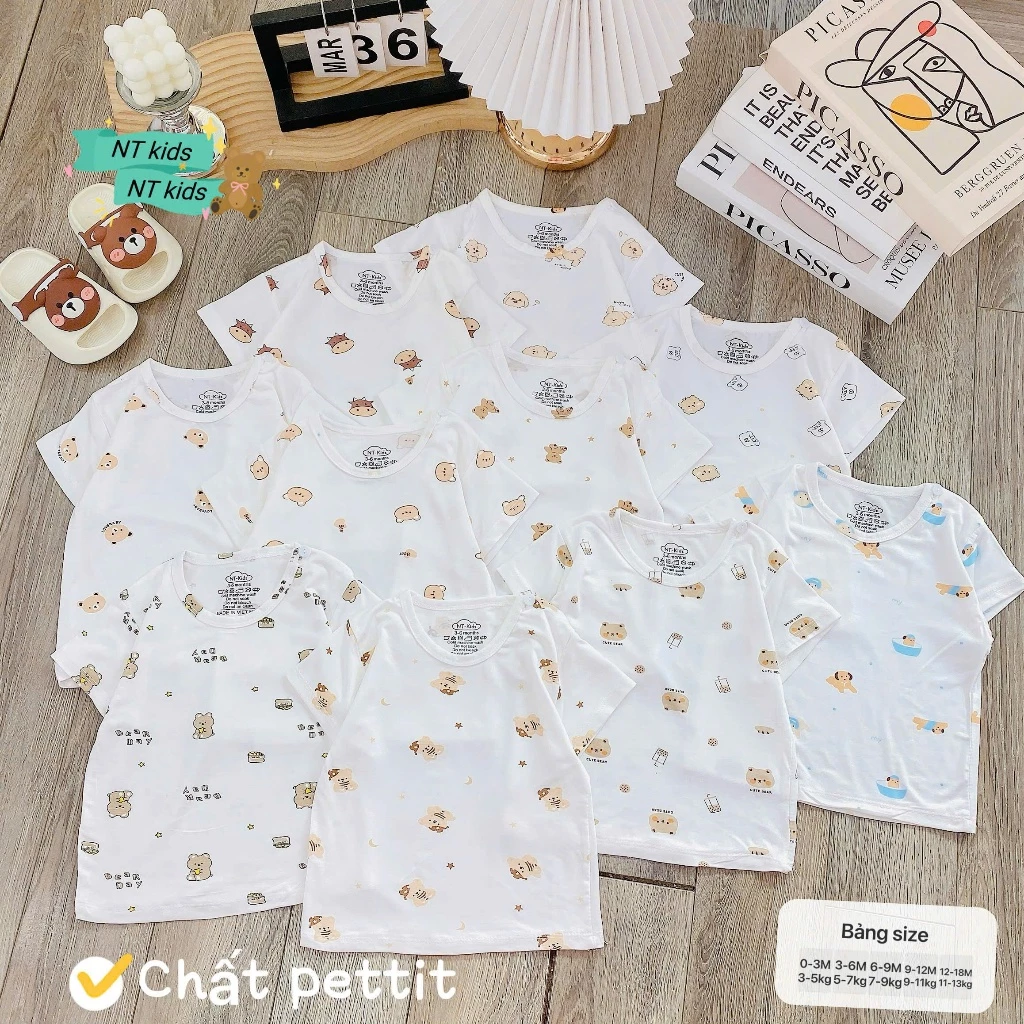 [Mát Cho Bé - Rẻ Cho Mẹ] Áo Cộc Tay Cài Vai Peptit Nền Trắng Boonhouse Họa Tiết Đáng Yêu Size 3-13kg