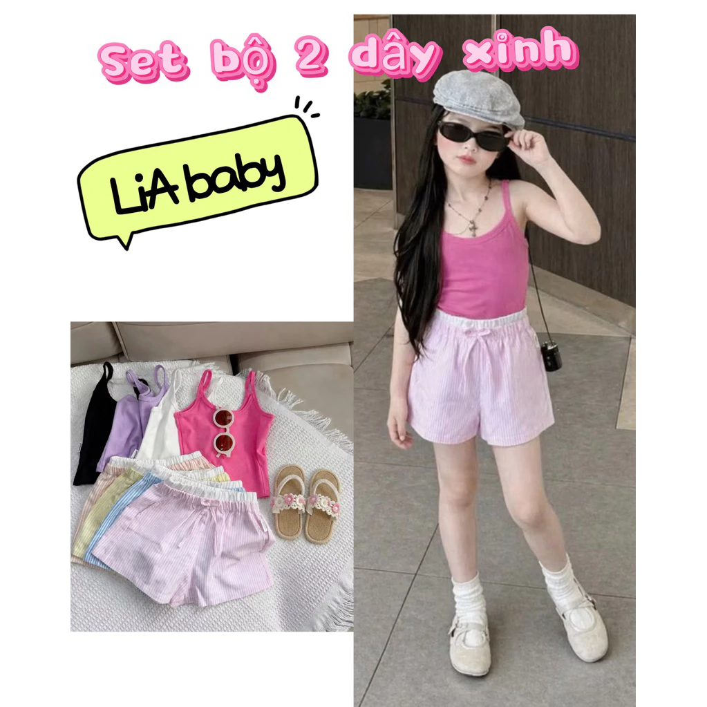 [SIÊU XINH] Set áo 2 dây kèm quần đùi kẻ cạp đôi cá tính xinh xắn cho bé gái diện đi chơi ,du lịch ,dạo phố (C2)