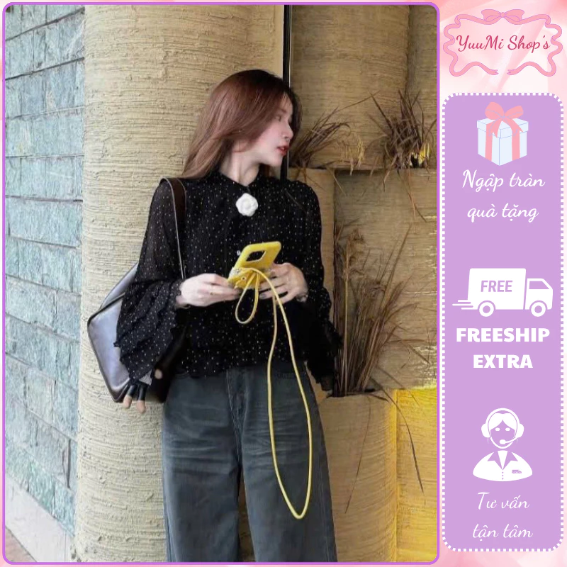 Áo sơ mi bèo tơ dáng peplum công chúa tay bồng họa tiết chấm bi style tiểu thư Hàn Quốc HCOM26456