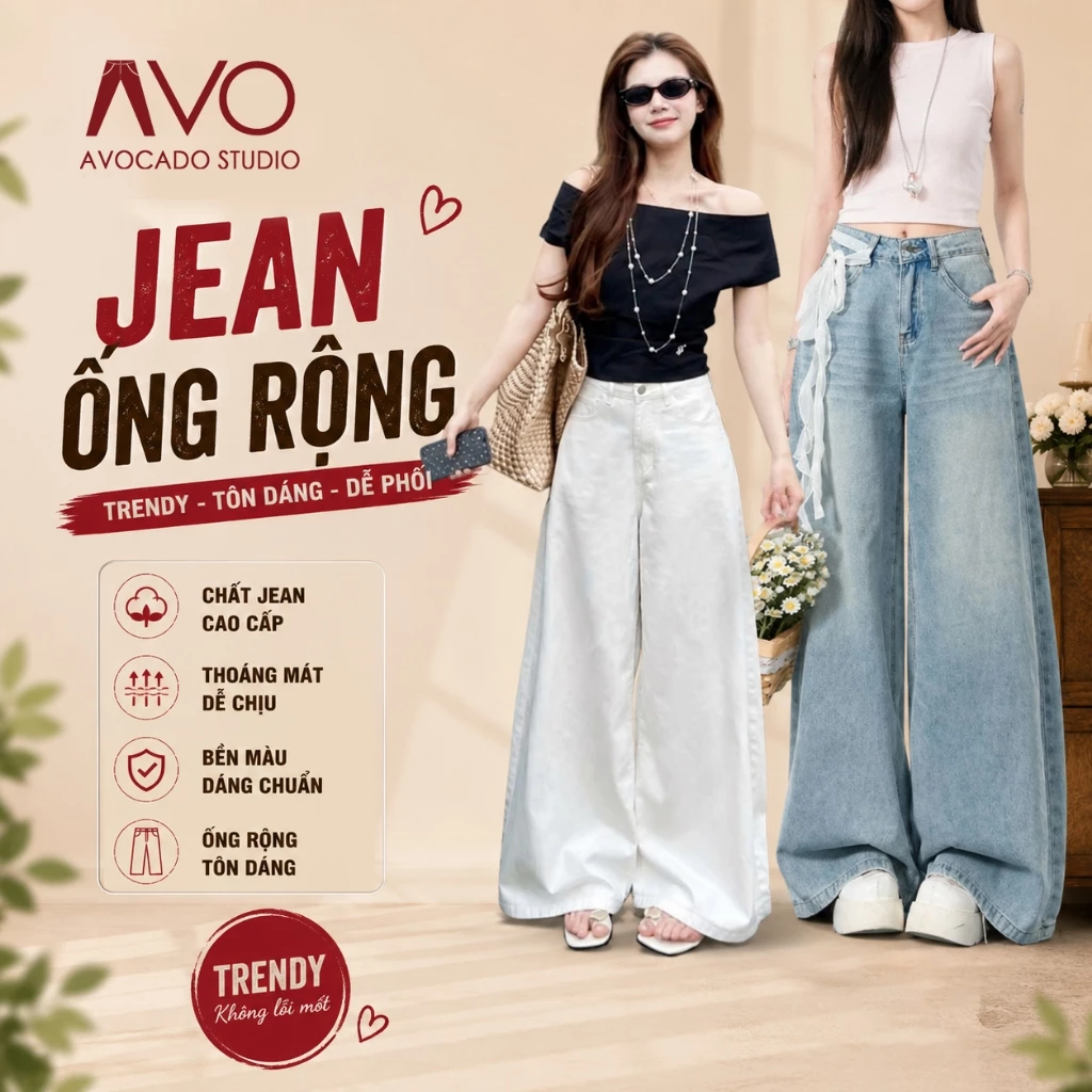 Quần Jeans Bò Nữ Wash Xanh RETRO Ống Rộng Suông AVO AVOCADO Cạp Cao Tôn Dáng Ống Suông Rộng Wash Ánh Bạc Đủ Big size