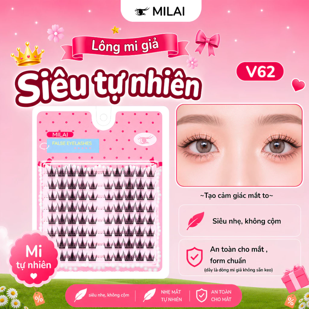 Mi giả không sẵn keo MILAI mã V62 (cần dùng tuýp keo dán mi riêng khi sử dụng)