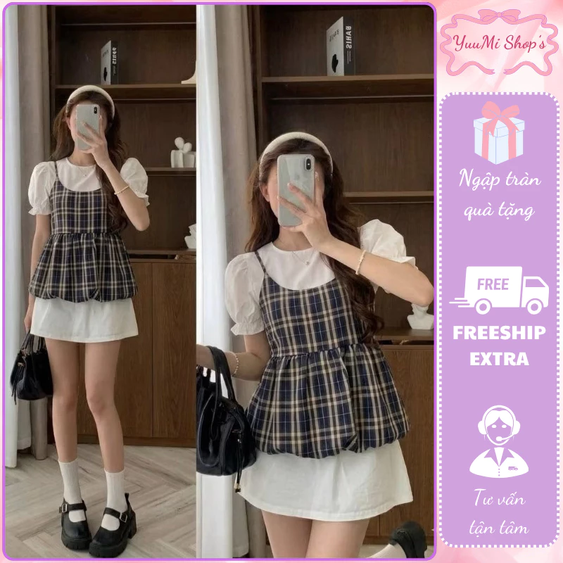Áo hai dây babydoll kẻ phối áo phông trắng cụm set đồ nữ đẹp mặc đi chơi cafe dạo phố xu hướng HCOM27217
