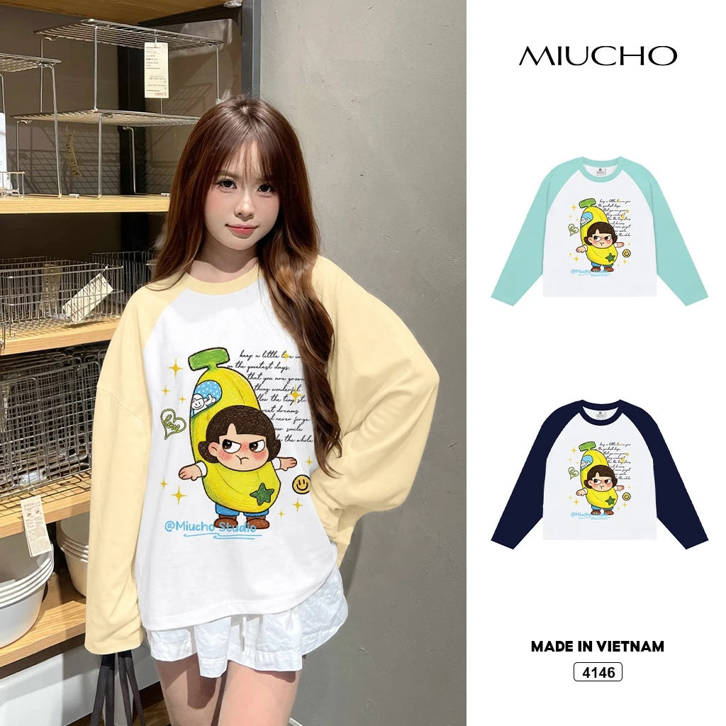 Áo thun boxy tay dài phối raglan BST Cartoon phối chữ Miucho