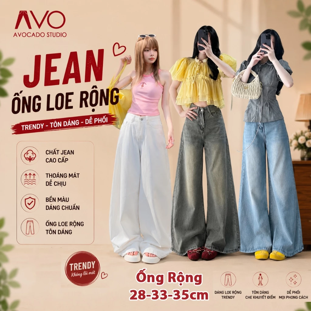 Quần Jean Bò Ống Rộng 37cm Avo Avocado Màu Retro Cạp Cao Siêu Tôn Dáng ống LOE RỘNG đủ size nhiều màu