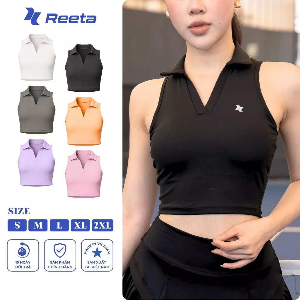 Áo croptop polo sát nách thể thao nữ REETA,chất vải cao cấp mềm min,co giãn.tập gym,tennis,pickleball,cầu lông...A051