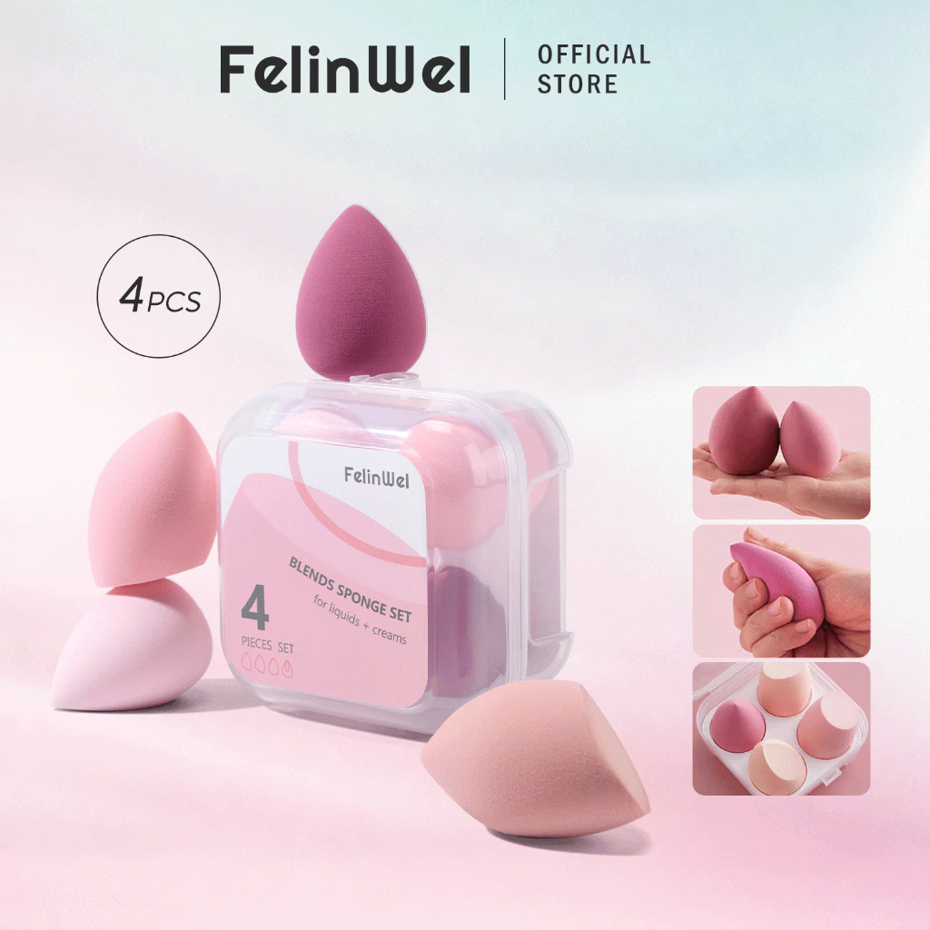 FelinWel - Bộ 4 Bông Phấn Nền Blender Dạng Trứng 4 Màu, Kèm Hộp Đựng, Tán Nền Mịn Chuyên Nghiệp Tái Sử Dụng