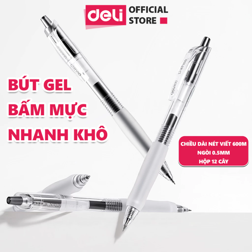[🔥NEW] Bút Gel Bấm Deli 0.5mm Mực Nhanh Khô Bút Bi Gel Đệm Tay Silicone Viết Trơn Mượt Mực Xanh Đen Đỏ