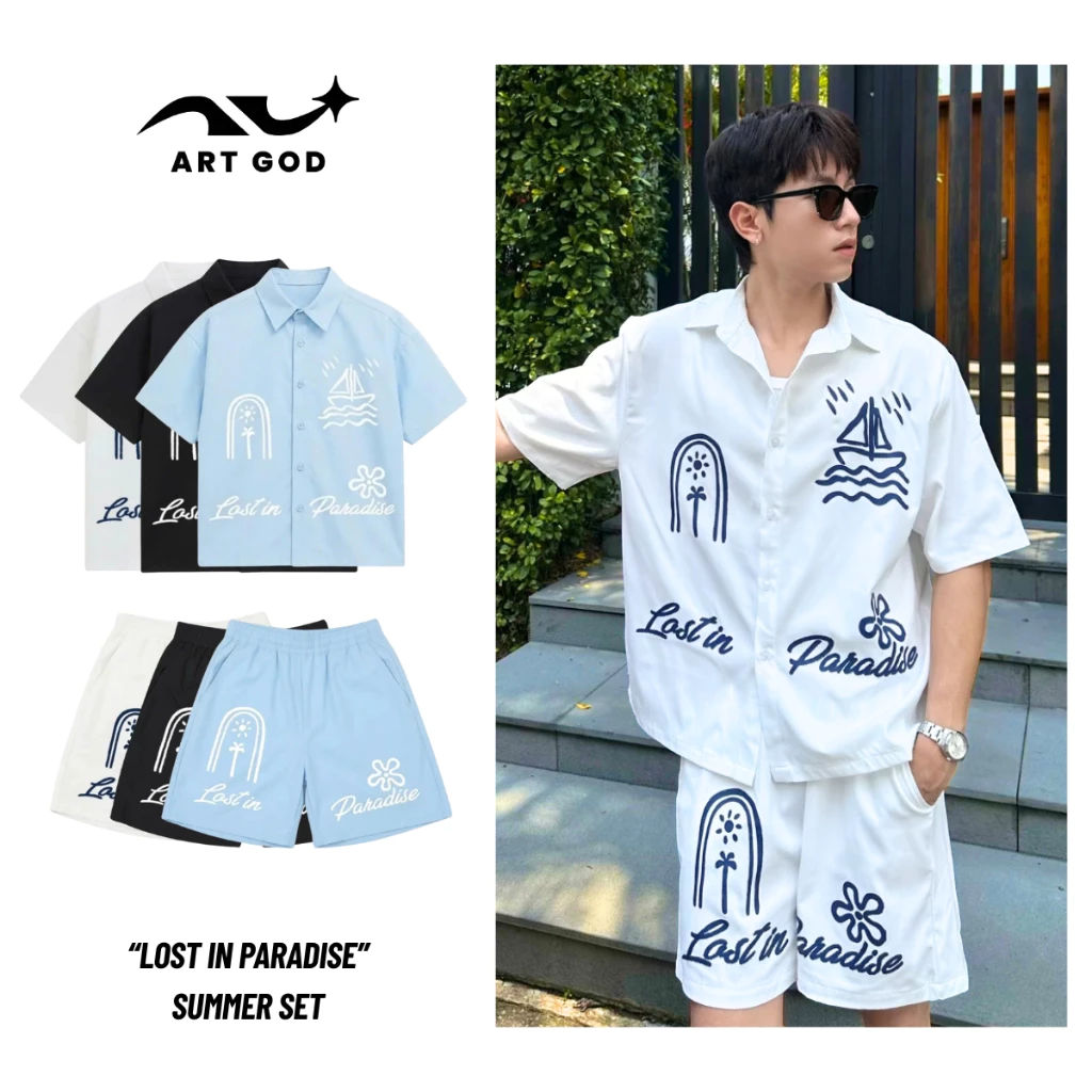 Combo Set Đồ Đi Biển Unisex LOST IN PARADISE Chất Liệu Kaki Thoáng Mát ARTGOD HMB04