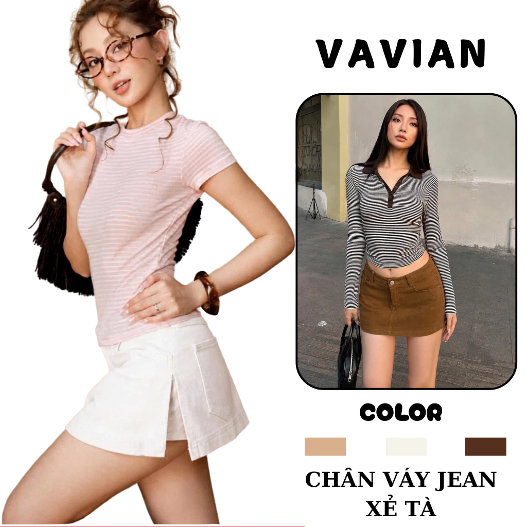 Chân váy Jean Ngắn Xẻ Tà , Chân váy jean chữ A nữ lưng cao hách dáng, chất vải denim phong cách Retro cá tính - VAVIAN