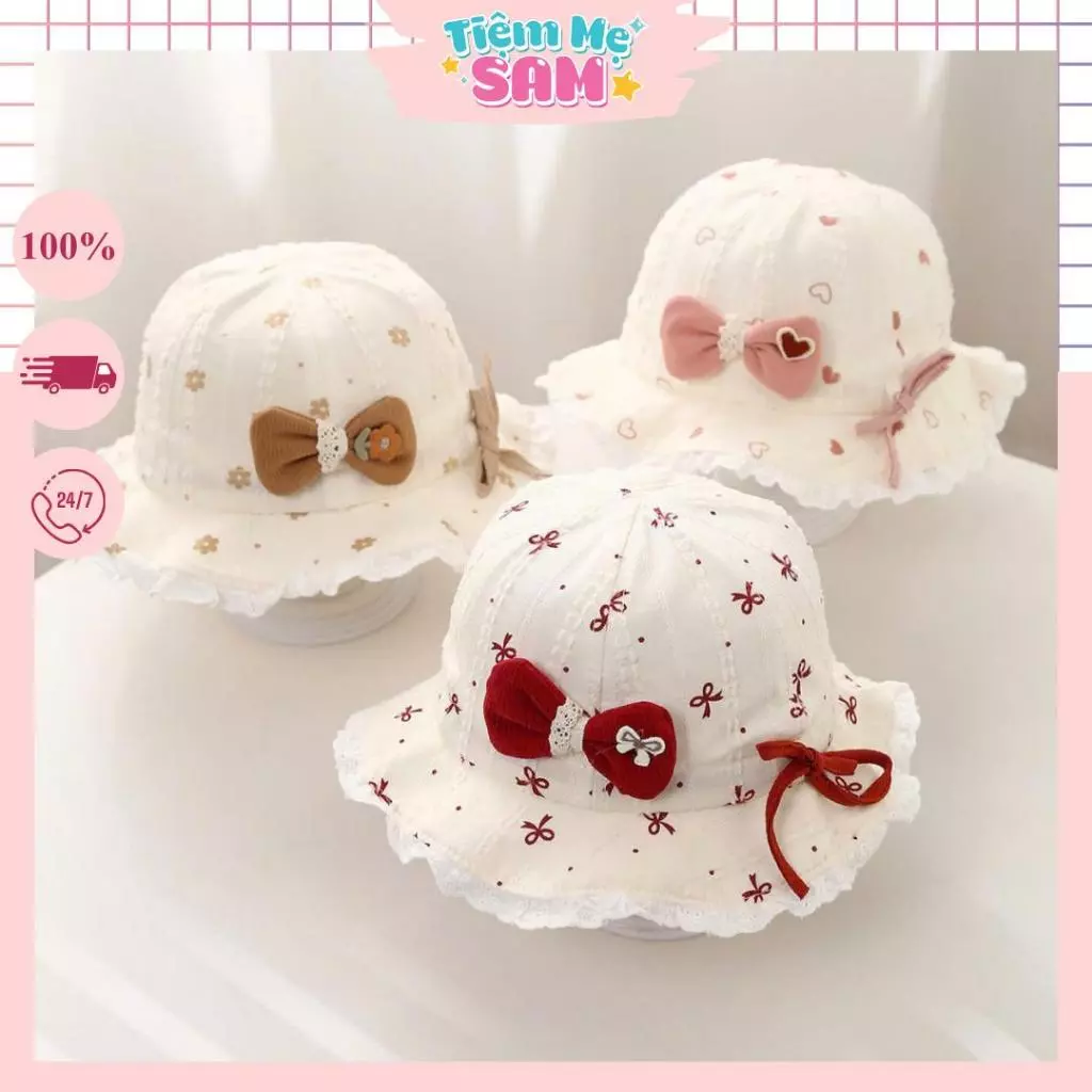 Mũ Bèo Cho Bé Gái 5-24 Tháng Kiểu Tiểu Thư Sang Chảnh Có Dây Rút Điều Chỉnh Họa Tiết Tim - Tiệm Mẹ Sam97 - MUG44