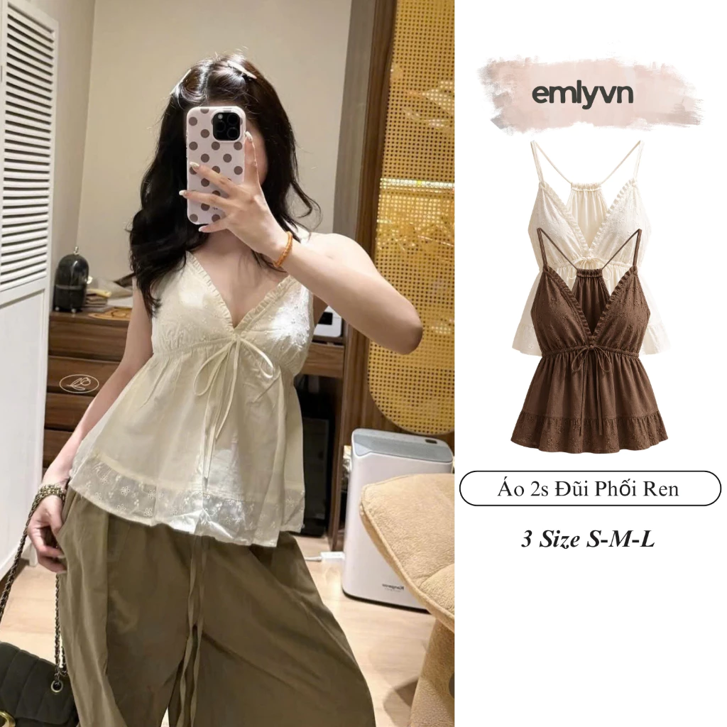 EMLY- Áo Đũi 2 Dây Nữ Phối Ren Dáng Babydoll, Áo 2s Nữ Dáng Xòe Thắt Nơ Vintage